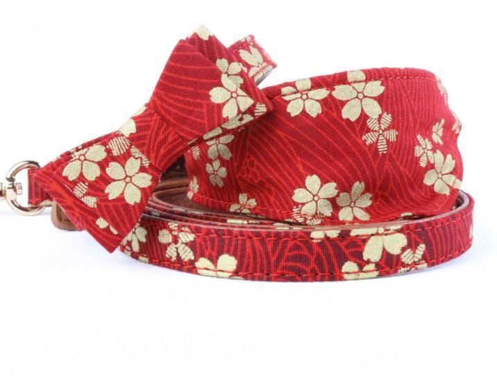 Bronzing Fabric Pattern Printed Pretty Japanese Personalized Dog Bandana Collar with Bow Tie and Leash