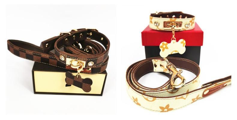Custom Designer Adjustable Luxury Fashion Pattern Leather Dog Collar and Leash Set