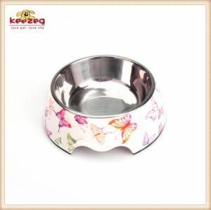 Butterfly Pattern Melamine&Stainless Steel Pet Dog Food Bowl (KE0013)