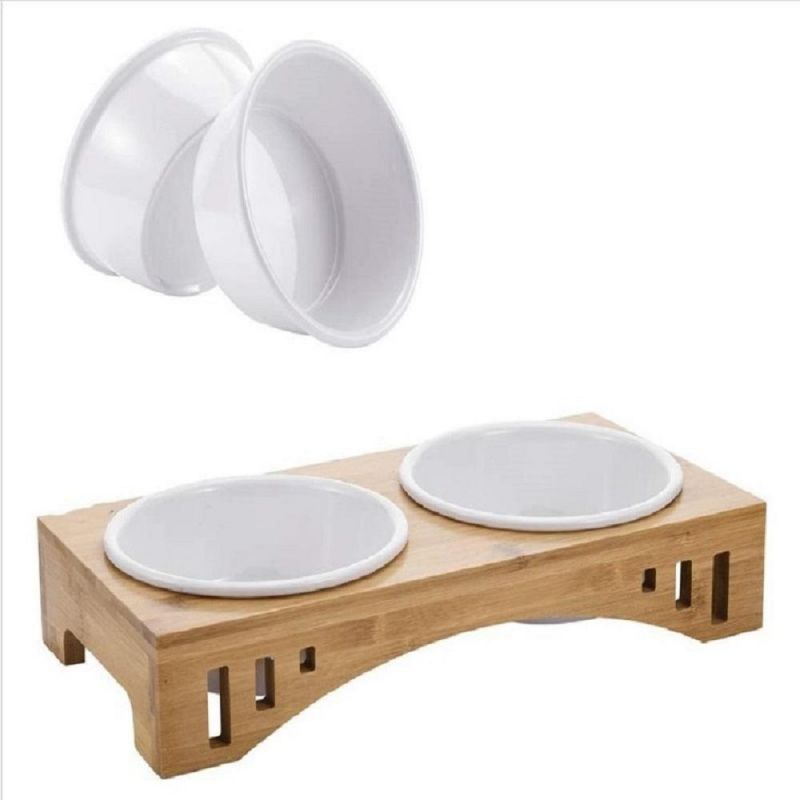 Pet Raised Bowl Bamboo Feeder with Ceramic Bowl