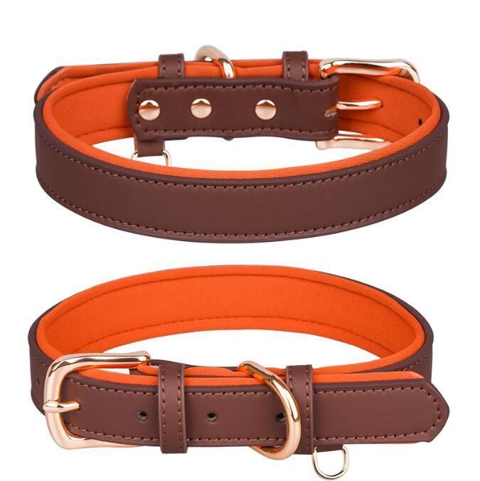 Leather Dog Collar Brass Buckle Soft Neoprene Padded Dog Collar