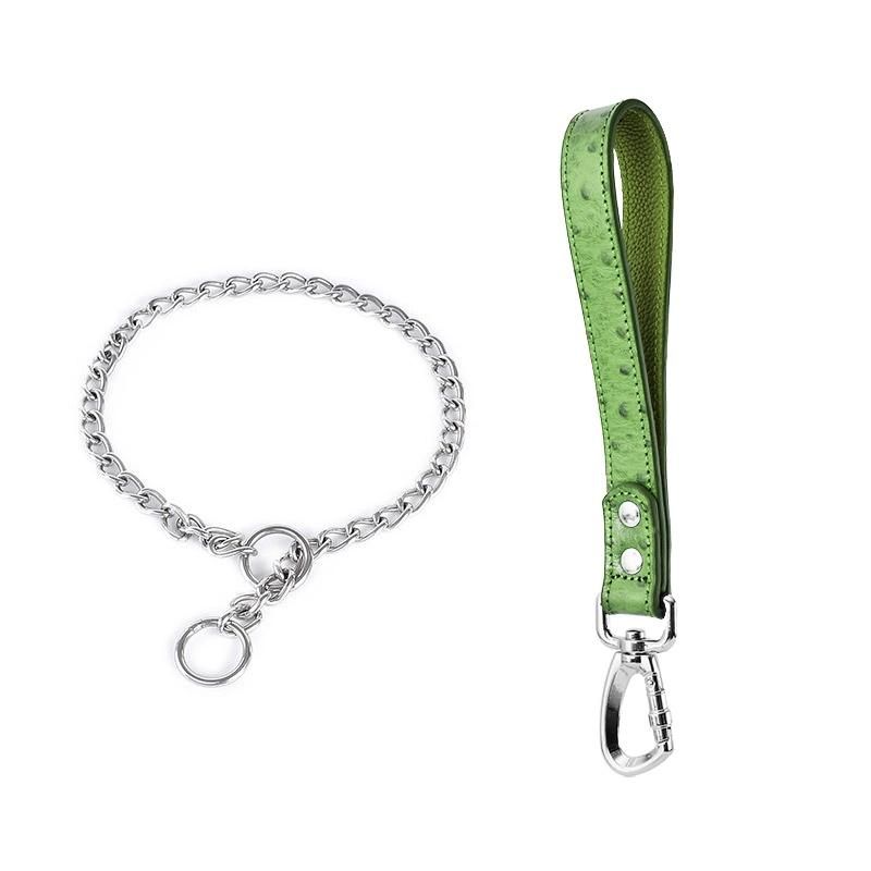 Customized Designer Personal Logo Small Order Metal Chain Big Dog Collar and Leash Set Made Real Leather with Stainless Steel
