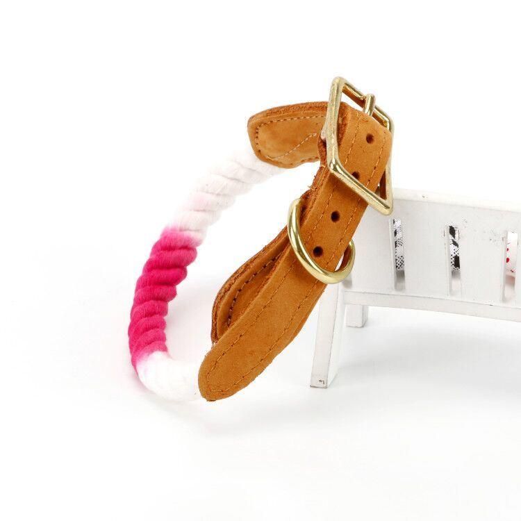 Personalized Rope Cotton Dog Collar with Genuine Leather