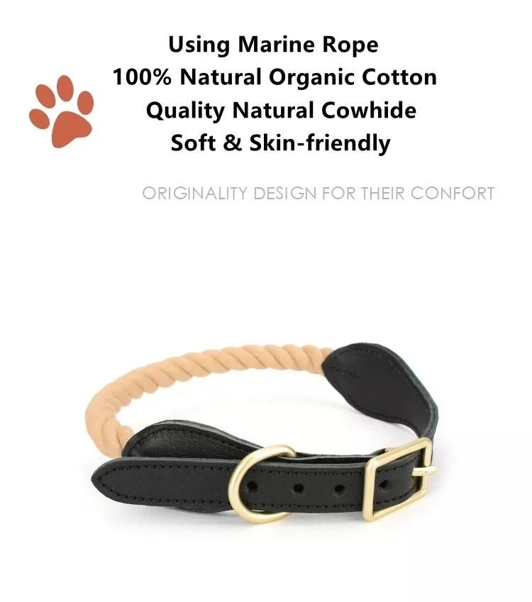Luxury Cow Leather Organic Natural Cotton Braided Dog Climbing Rope Collar and Leash Set