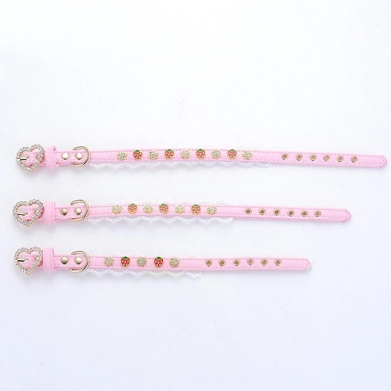 Cute Pink Strawberry Jeweled Crystal Dog Collar and Pet Leash Set