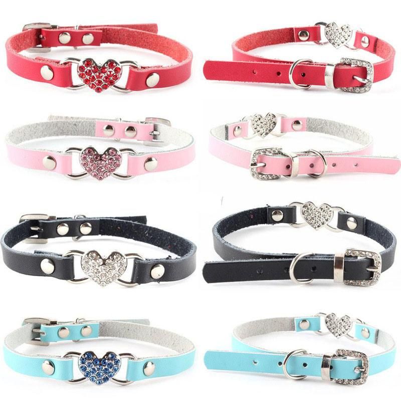 Adjustable Leather Pet Collar with Rhinestone Heart-Shaped Pet Collar