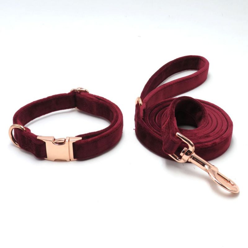 Luxury Soft Velvet Dog Collar and Leash Set Custom Comfortable Pet Collar with Rose Gold Metal Buckle