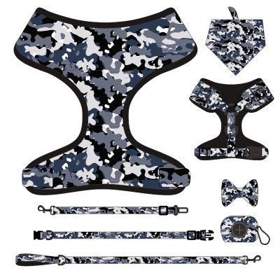 Hot Selling Factory Custom Seven-Piece Camouflage Blue-Gray Pet Collar, Pet Harness, Pet Rope, Bow Tie, Safety Rope