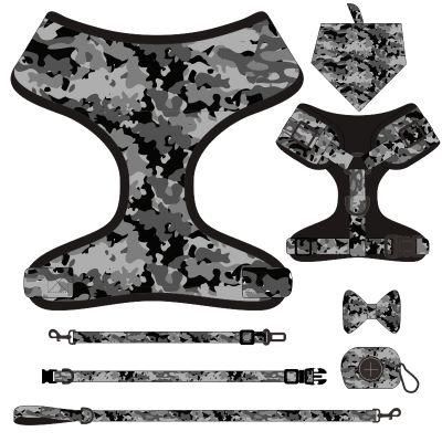 Hot Selling Factory Custom Seven-Piece Camouflage Cold Gray Collar, Pet Harness, Pet Rope, Bow Tie, Safety Rope