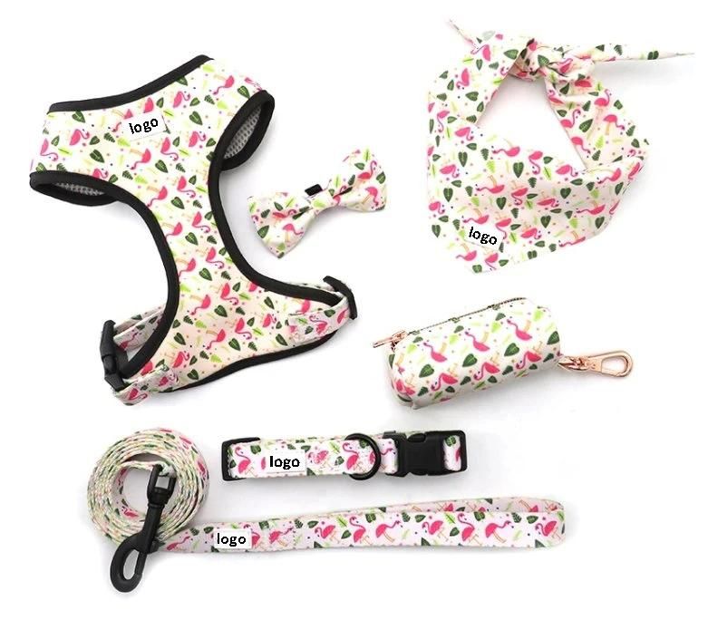 IG Hot Custom Logo / Pattern Adjustable Dog Harness with Matching Collar Leash, Dog Poop Bag