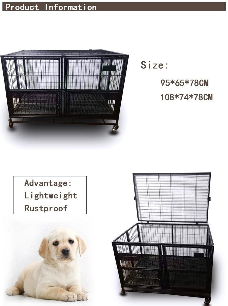 Double Door Black Metal Folding Wire Dog Cage with Tray and Wheels