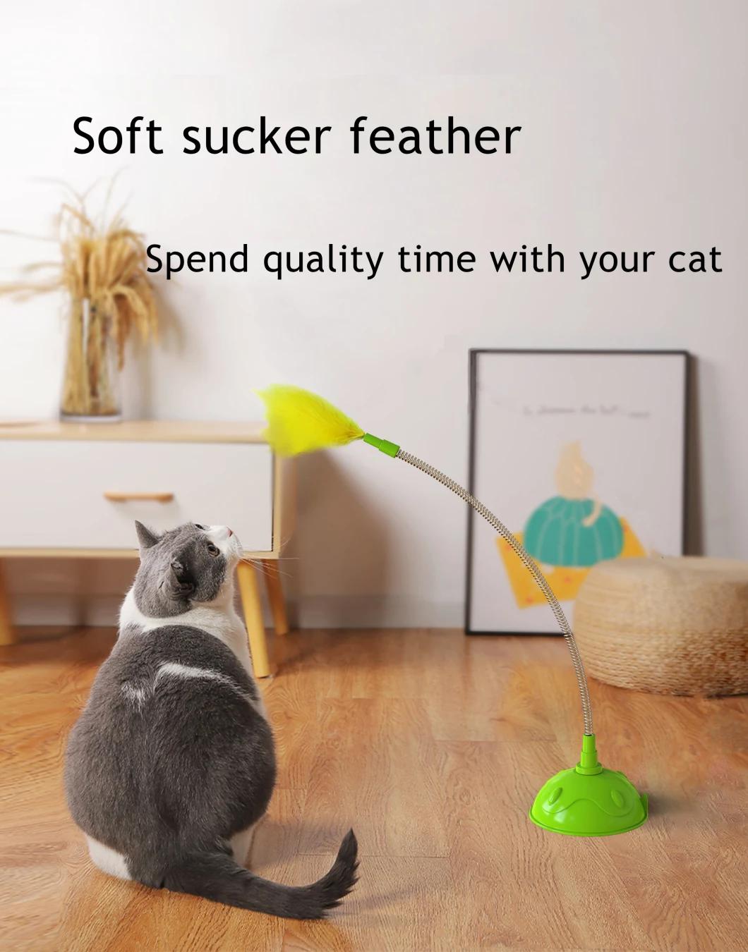 Wholesale Interactive Feather Toy Multicolor Cat Teaser Stick with a Bell Pet Tail Shape Wire Feather Cat Tickling Stick with Vacuum Cup