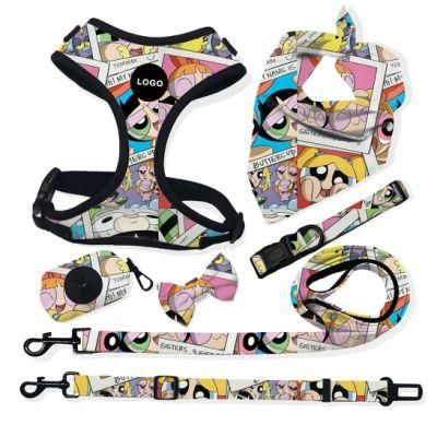 Custom Pattern Dog Harness Set Adjustable Soft Dog Walking Pet Accessories Neoprene Dog Collar Bandana