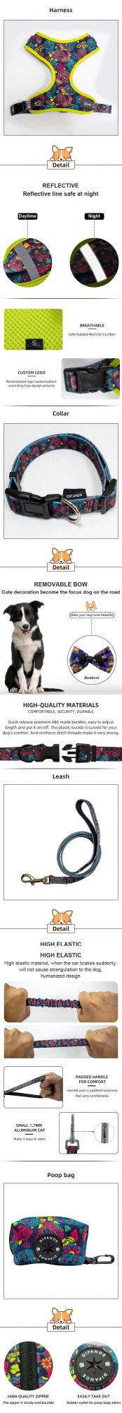Manufacturer Pet Accessories Custom Reversible Vest Soft Pet No Pull Adjustable Dog Harness Leash Collar Set