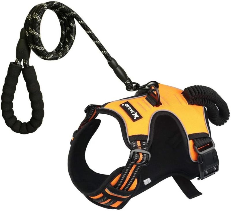 No Pull Dog Vest Harness Orange Large Size and Black 5 FT Leash