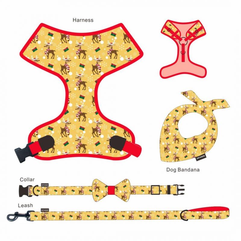 Wholesale Custom Logo Sublimation Christmas Style Patterns Dog Leash Collar and Harness Set with Bandana