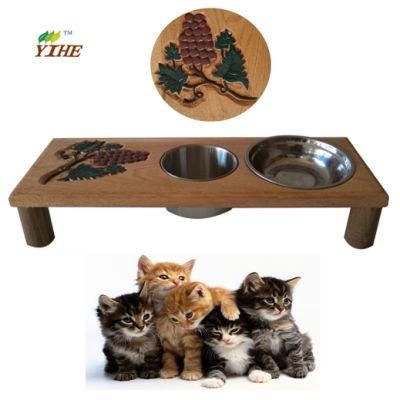 Cat Feeder Made by Handy Carving Wood Board and Stainless Steel Bowl