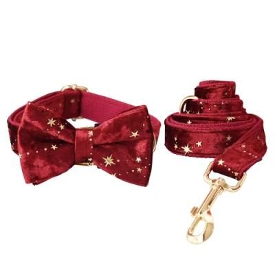 Personalized Dog Collar Christmas Red Velvet Bow Tie Pet Collar and Leash Set with Golden Stars Festival Dog Christmas Gifts