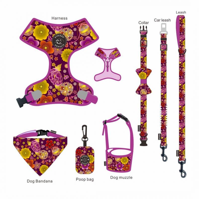 Wholesale Custom Logo PVC Dog Harness Leash Collar Sublimation Patterns Dog Leash Collar and Harness Set Dog Harness and Leash