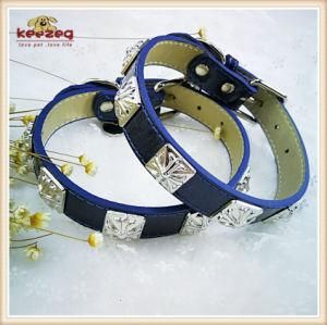 Silver Square Emboss Blue Pet Collars Leash /Dog Collar KC0165