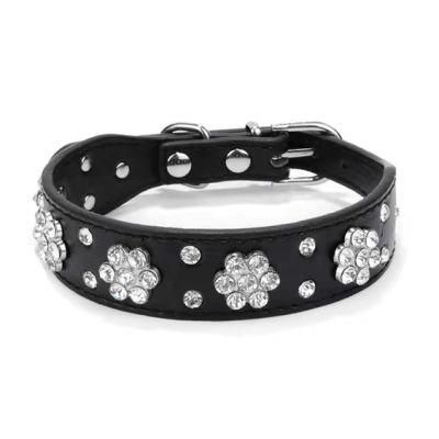 Pet Collar Rhinestones Bling Plum Flower Studded PU Leather Dog Collar