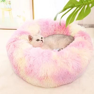 Long Faux Fur Pet Bed Comfortable Waterproof Plush Donut Round Dog Bed Dropshipping Soft Washable Cat Bed Removable Pet Cushion