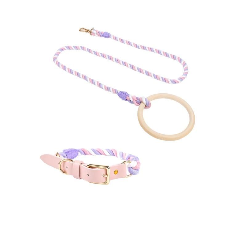 Hot Sale Stocked Designer Luxury Dog Leads Wooden Handle with Colorful Braided Rope Dog Leash and Dog Collar Set