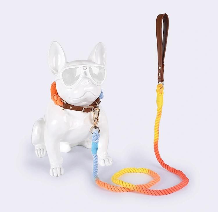 Dropshipper and Wholesale Designers Manufacture Luxury Eco Soft Vegan PU Leather Handle with Braided Multi-Color Rope Dog Leash