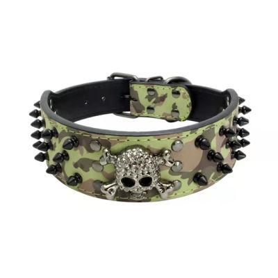 Halloween Skull Pet Collar 3 Rows Rivets Studded PU Leather Dog Collar