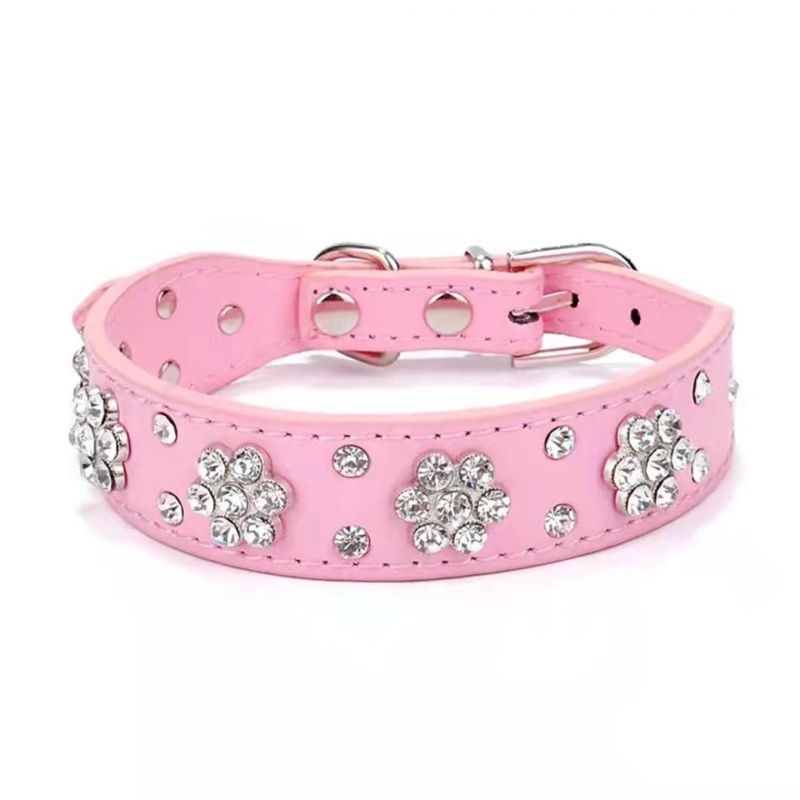 Rhinestones Flower Dog Collars Crystal Diamonds Studded PU Leather Pet Collar