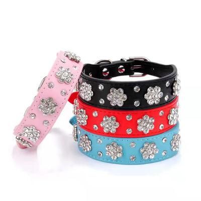 Dog Collar Cute Flower Rhinestone Dog Cat Collar PU Leather Pet Collar