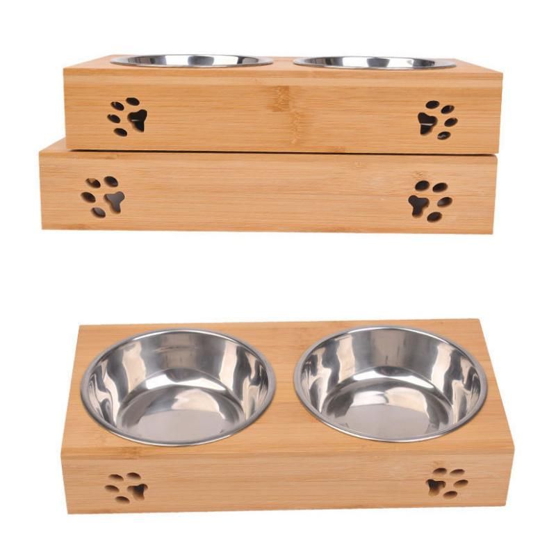 Bamboo Pet Feeder Stainless Steel Bowl Food Water Dish