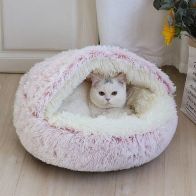 Cat Bed Round Long Plush Cat House Cave Pet Cushion