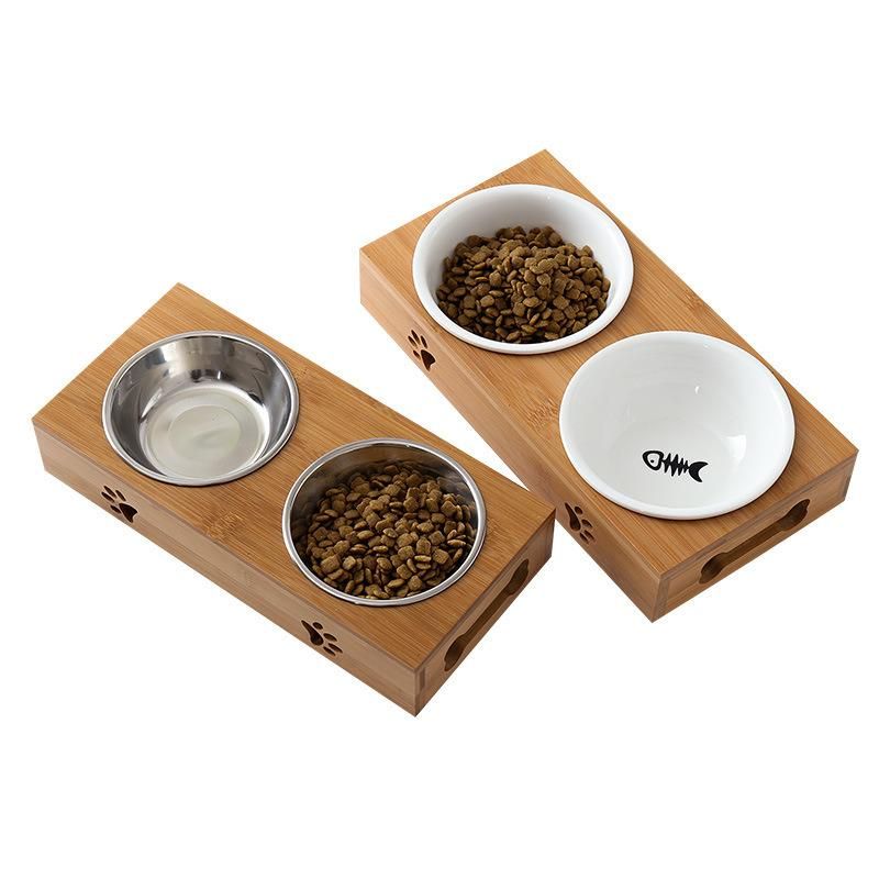 Pet Supplies Double Bowls Dog Cat Food Water Feeder Ceramic Bowl Bamboo Rack Dog Feeding Dishes Cats Drinking Bowl