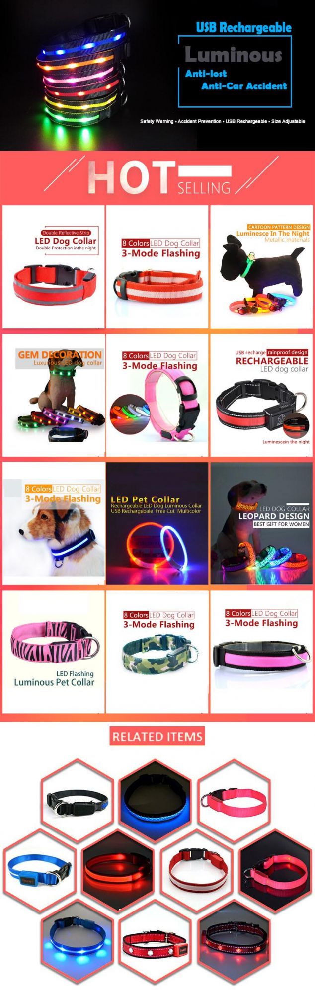 Wholesale Custom Safety Adjustable LED USB Rechargeable Dog Collar Flashing Night Illuminated Pet Supply for Promotion