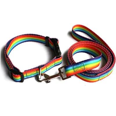 Custom Made Rainbow Color Polyester Dog Leash Dog Collar Set