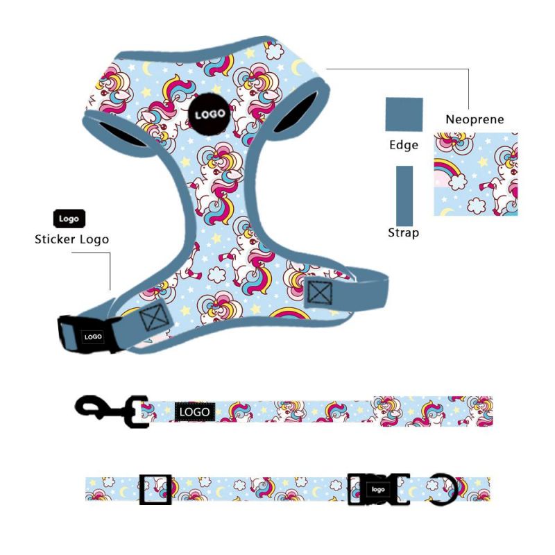 Luxury Pet Supplies Custom Adjustable Dog Harness Leash and Collar Set Neoprene Plastic Buckle Dog Vest Purple Design Print OEM