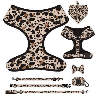 Hot Selling Factory Custom Seven-Piece Set of Leopard Print Pet Collar, Pet Harness, Pet Leash, Bow Tie, Safety Rope