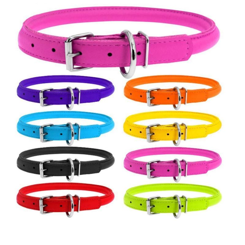 Rolled Leather Dog Collar Soft Round Rope Pet Collars for Small Medium Large Dogs