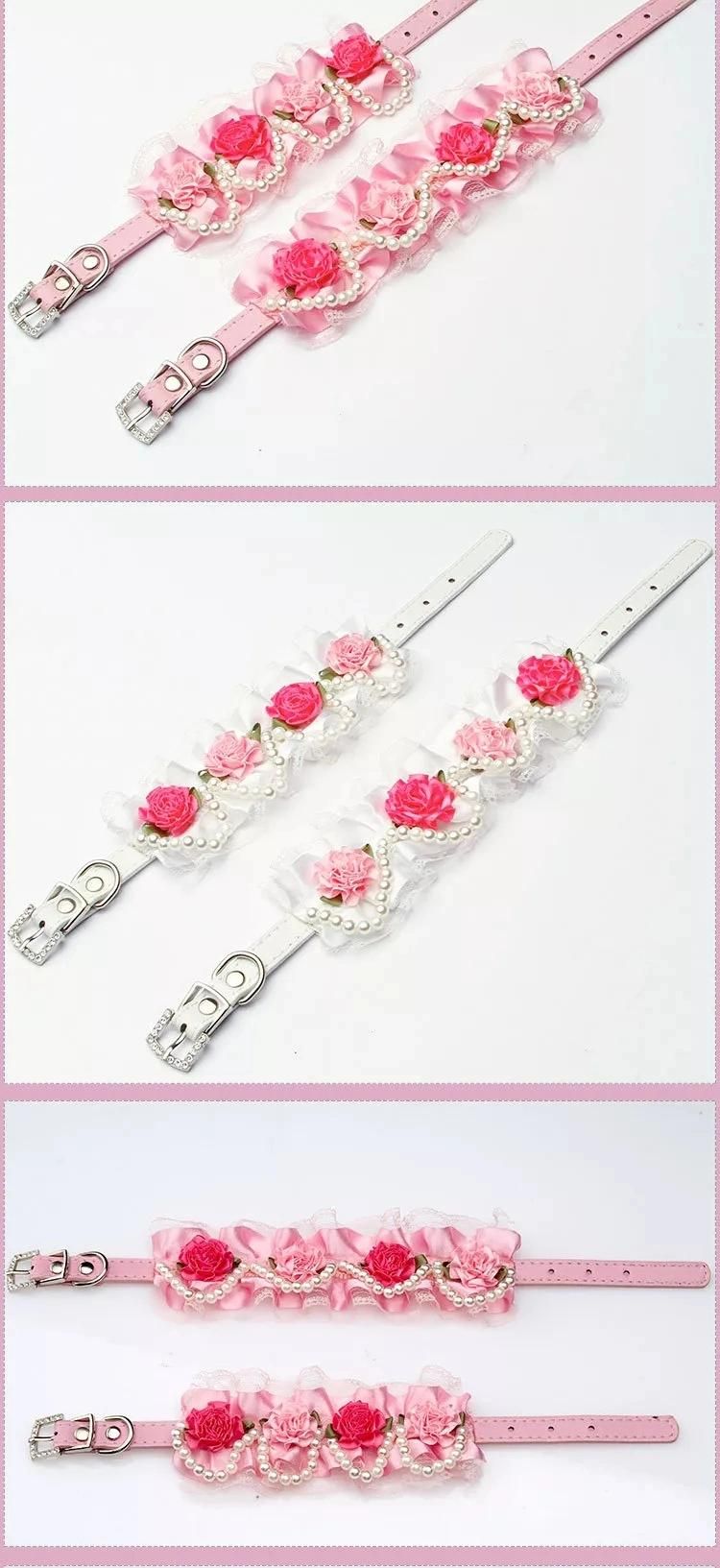 Stylish Flower Lace Pearl Pink White Black Dog Collar Cat PU Leather Collar Necklace Pet Accessories Supplies