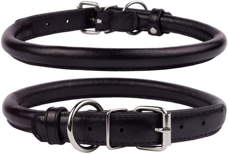 Rolled Leather Dog Collar, Soft Padded Round Puppy Collar