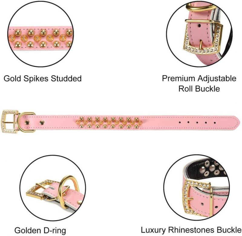 Luxury Gold Rhinestones Buckle Soft Leather Mushrooms Rivet and Gold Spikes Studded Personalized Collar