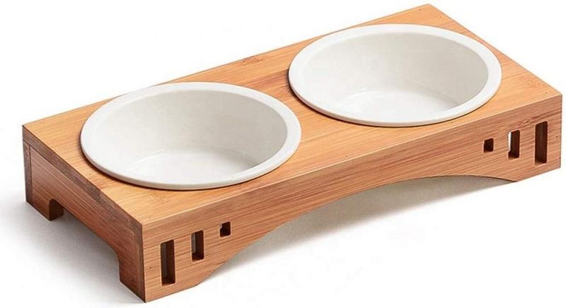 Pet Raised Bowl Bamboo Feeder with Ceramic Bowl