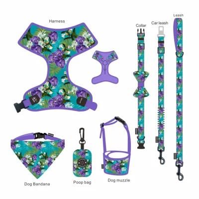 Custom Pattern Logo Reflective Reversible Luxury Pet Dog Vest Collars Harness and Leash Pet Products Set with Bow Tie Bandana