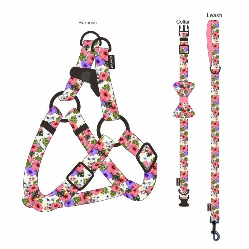 New Design Custom Printed Pet Collar Leash Neoprene Dog Harness Set with Poop Bag Holder