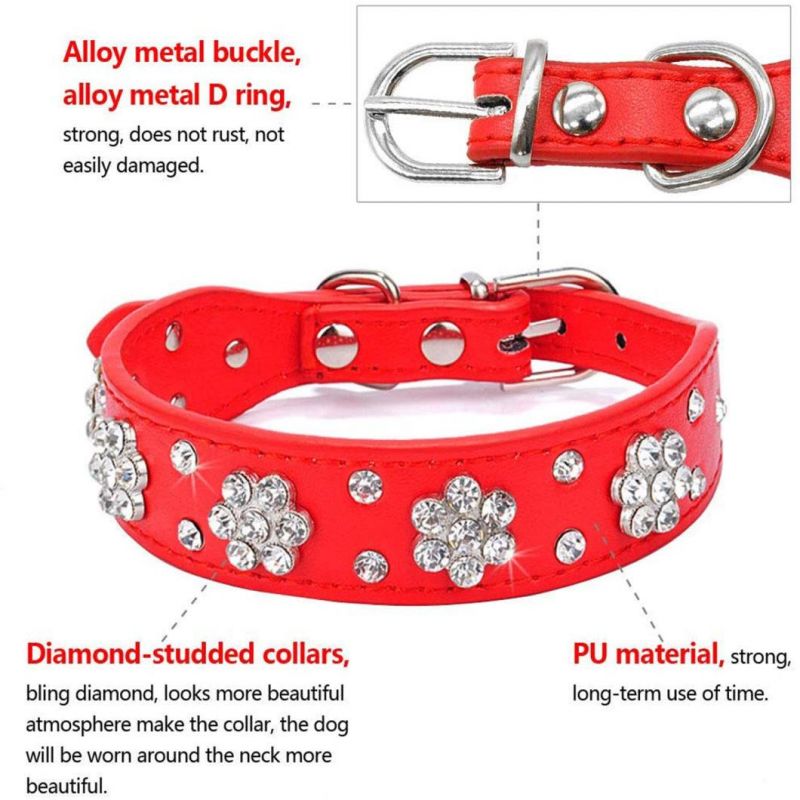 Dog PU Leather Collar Bling Flower Rhinestone Studded Dog Collars