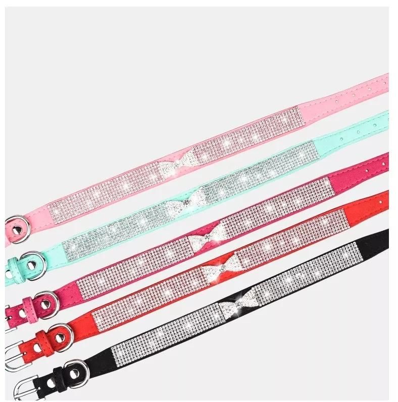 Amazon Hot Selling Bow Crown Pet Cat Collars Jeweled Genuine Leather Dogs Collar