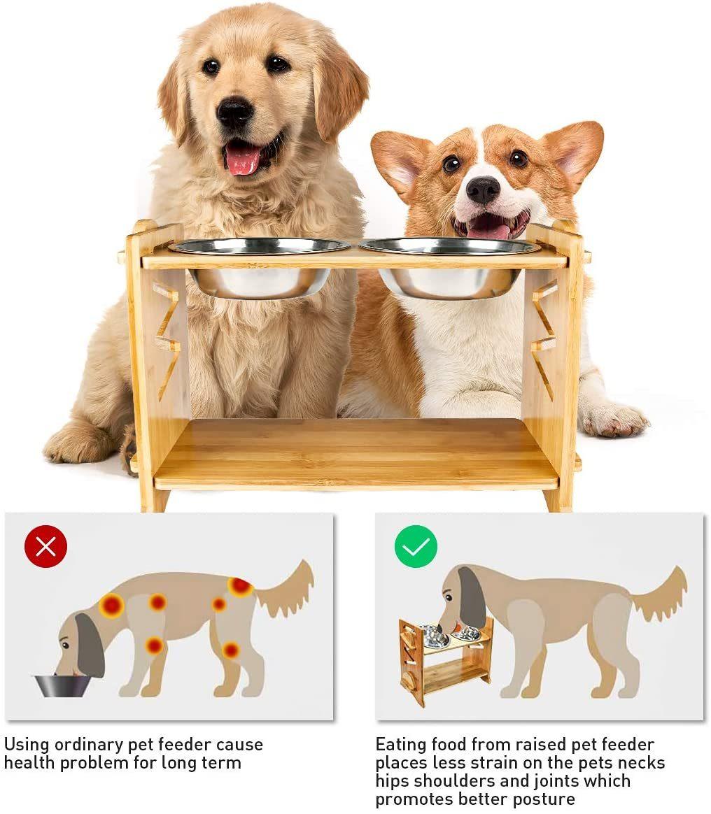 Elevated Double Bowls with Bamboo Stand Adjustable Pet Feeder