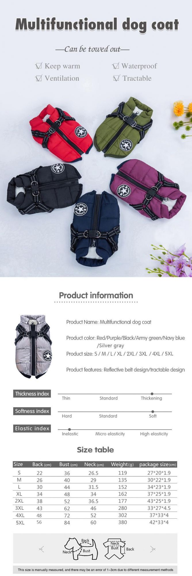 Dog Coat Jacket with Harness for Small and Medium Dogs Waterproof Dog Coat Jacket Warm Padded Puffer Pet Dog Puppy Clothes Vest