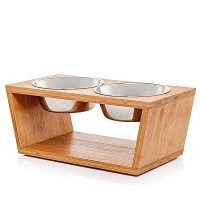 Double Bowls with Bamboo Stand Raised Pet Feeder Pets Gift